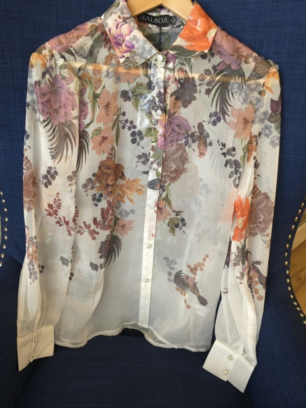 Balboa Floral Sheer Button-Up Blouse - White with Multicolor Floral Print